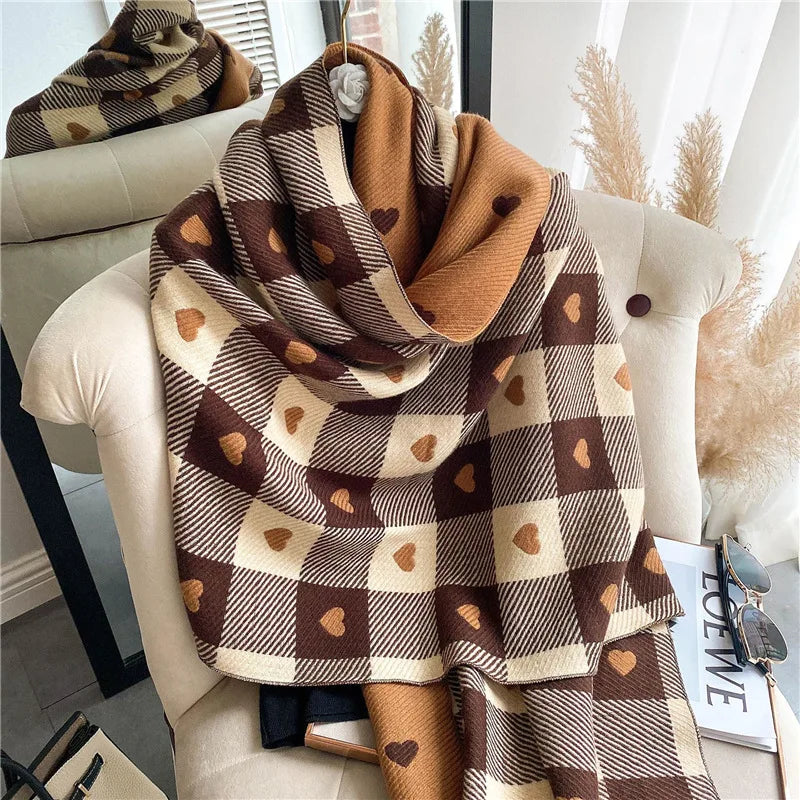 New Winter Luxury Plaid Scarf For Women Cashmere Knitted Heart-pattern Scarf Shawl Fashion Winter Thick Warm Tassel Scarves