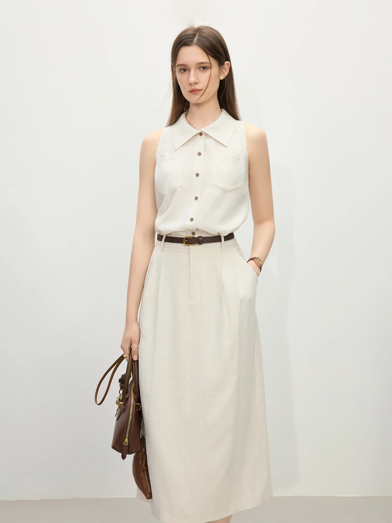 FSLE 2025 Summer Women's Minimalist Sleeveless Shirt Set - Relaxed Fit & Fluid Skirt Coordination
