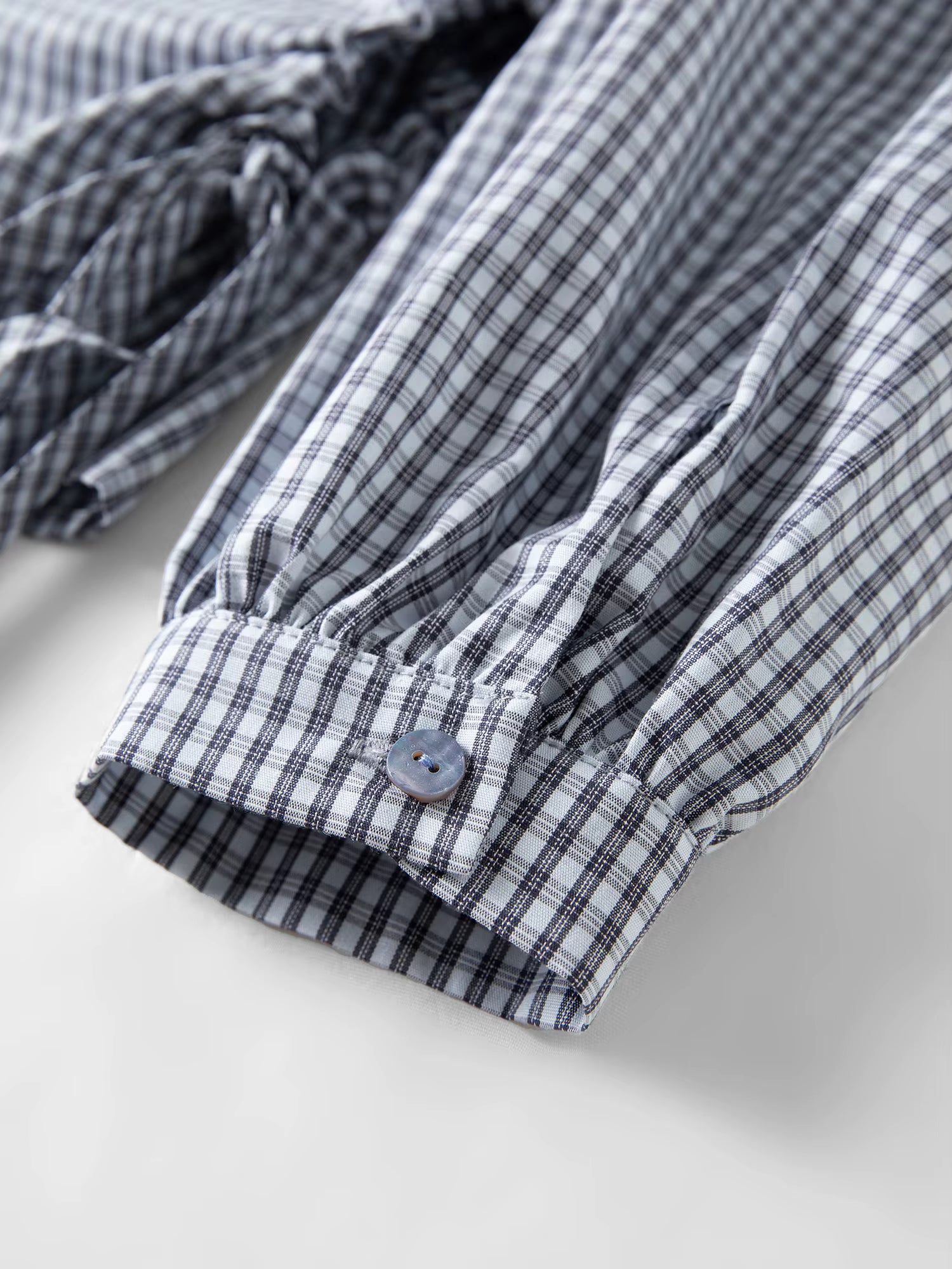 2026 Women Blue White Gingham Shirt Drawstring Waist Short Blouse Soft Cotton Cropped Long Sleeve Top for Coffee Date Style