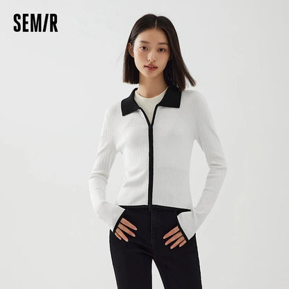 Semir Knit Cardigan Women Short Contrast Color Lapel Top Gentle Short Lady Autumn Slim Versatile Simple Clothing