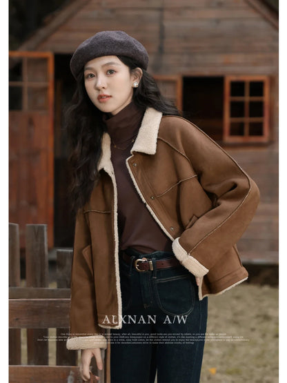 ALXNAN Lamb Wool Coat Female 2024 Autumn Winter New Maillard Spliced Lapel Collar Single Breasted Straight Jacket L330203