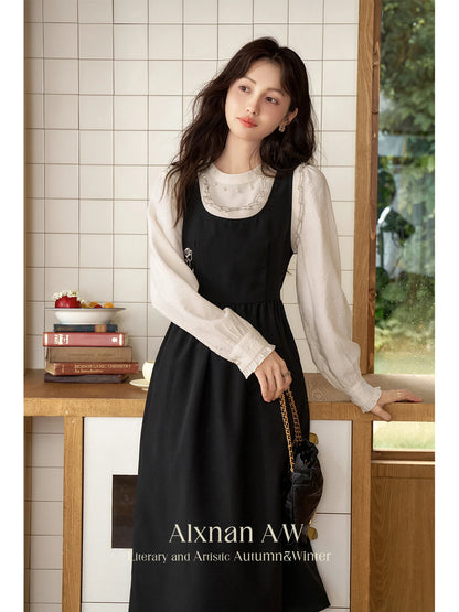 ALXNAN Women French Style Dress Autumn Vintage Embroidery Adjustable Waist Camisole Dress 2024 New Commuter Dress Female L39623