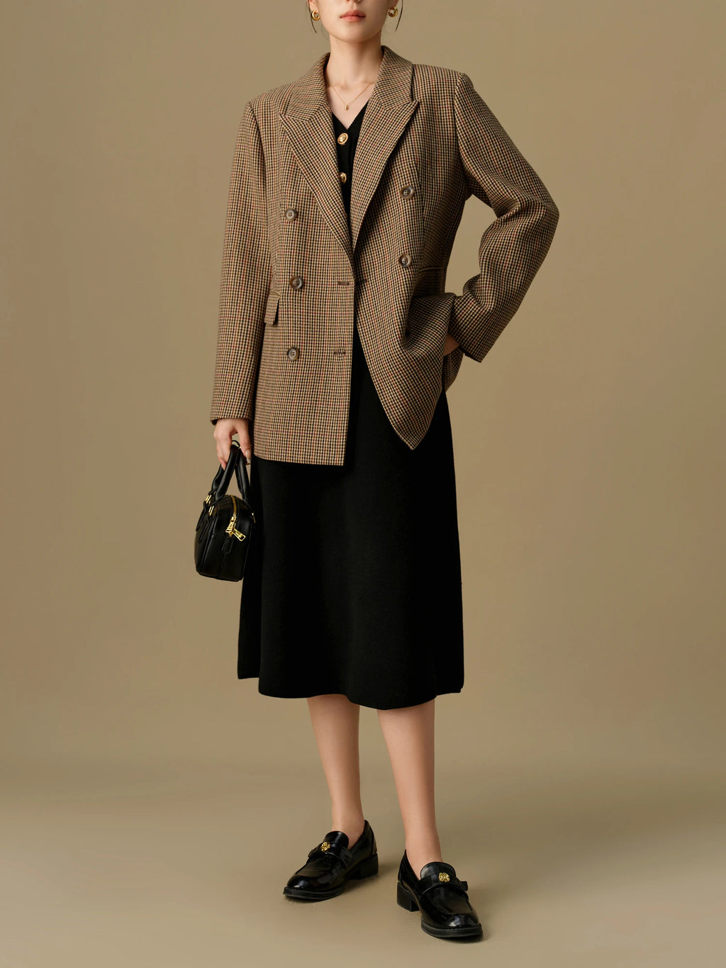 DUSHU Plus Size Fashionable Commuter Grid Pattern Suit 2024 Winter New Regular Brown Women Casual Loose Coat 24DS84354