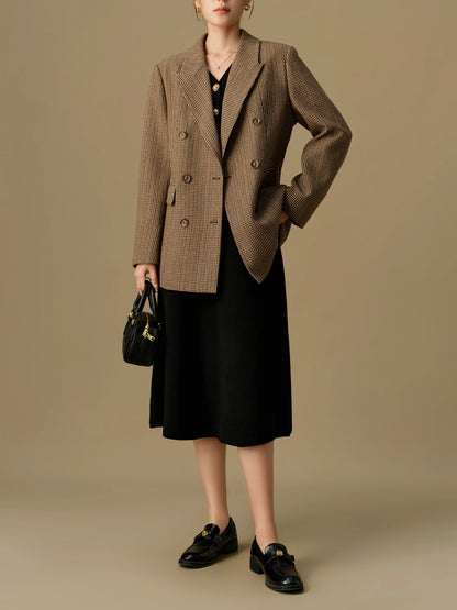 DUSHU Plus Size Fashionable Commuter Grid Pattern Suit 2024 Winter New Regular Brown Women Casual Loose Coat 24DS84354