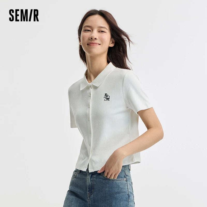 Semir Polo Shirt Women Short Embroidered Tops Small 2024 New Summer Letters Slim Cardigan Hundred With Simple