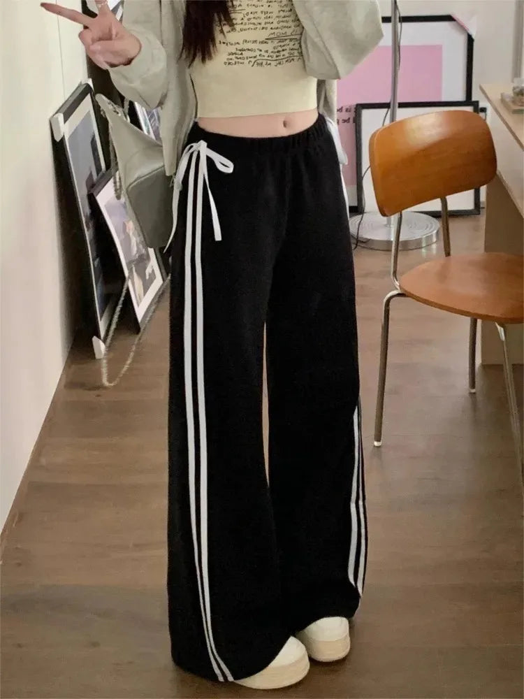 HOUZHOU Contrast Spliced Striped Sports Pants Women American Retro Kawaii Sweet  Bow Bandage High Waist Straight Leg Trousers
