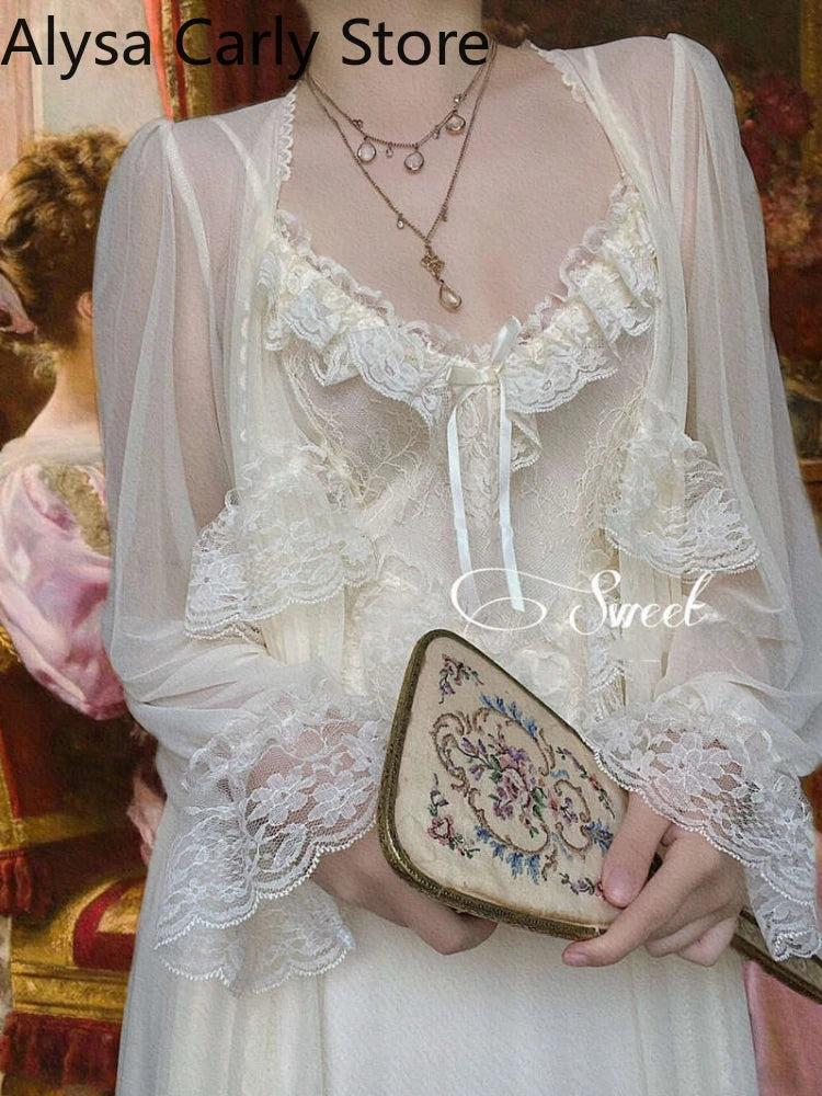 French Sweet Vintage Autumn Lace  Court Chiffon Elegant Long Strap Sleepwear