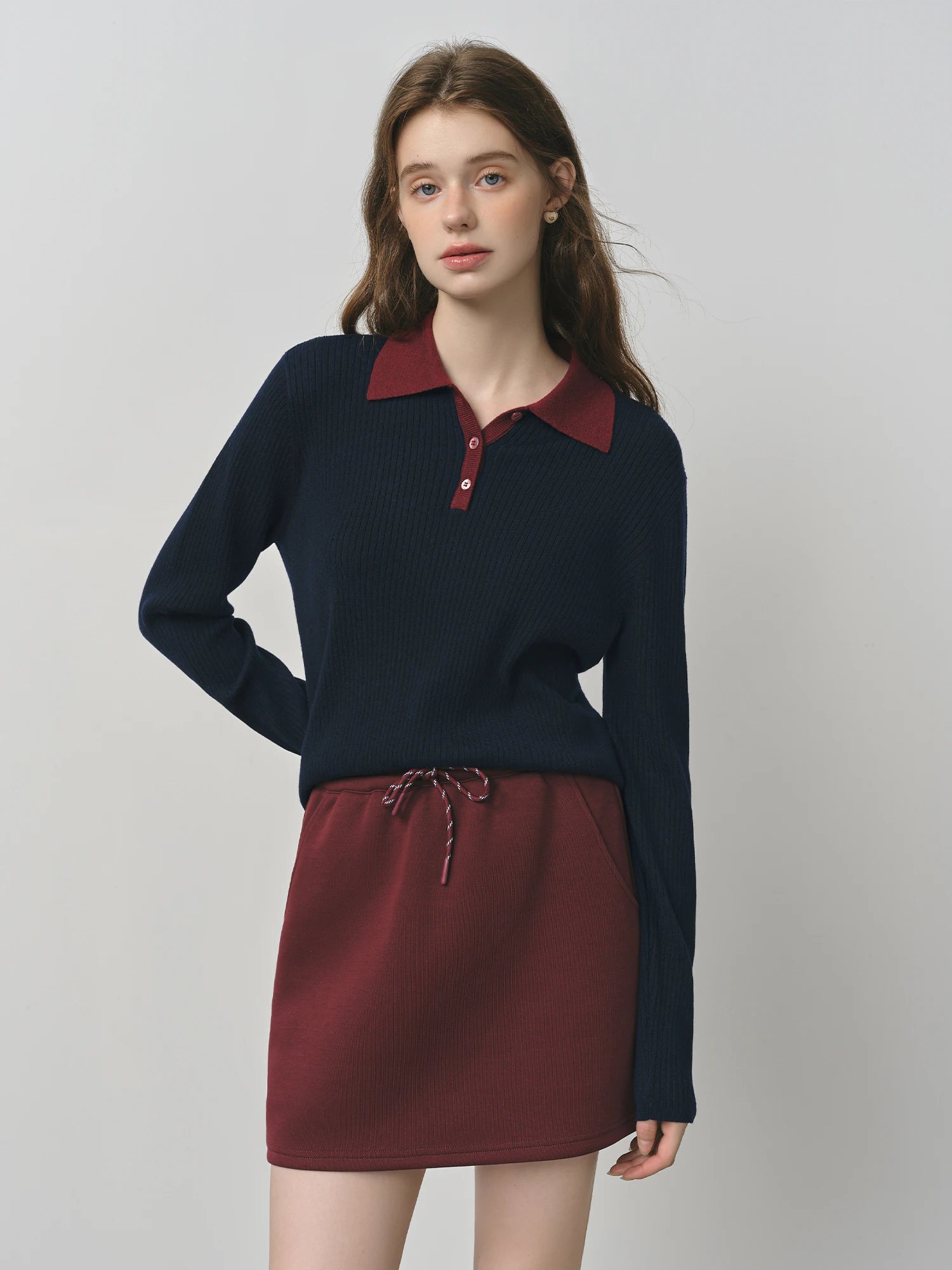 FSLE Silk and Wool Color Clash Polo Collar Knit Sweater for Women 2025 New Versatile Top Pullovers