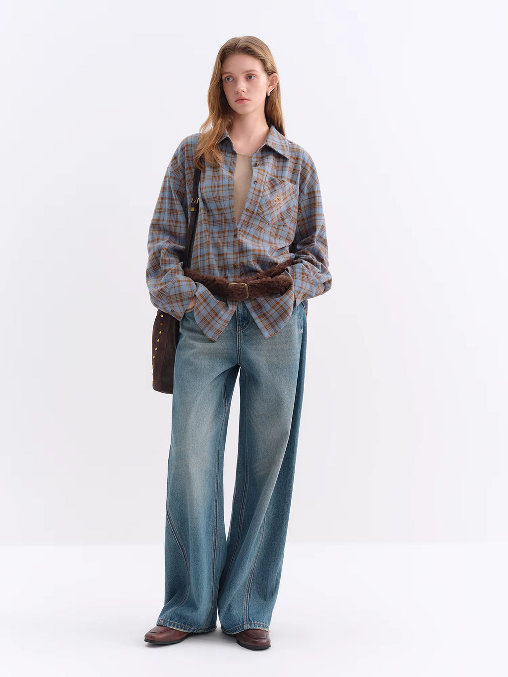 Brushed Plaid Shirt Women's Winter 2025 New Long Sleeve Plaid Retro Embroidery Shirt Classic Leisure Loose Tops