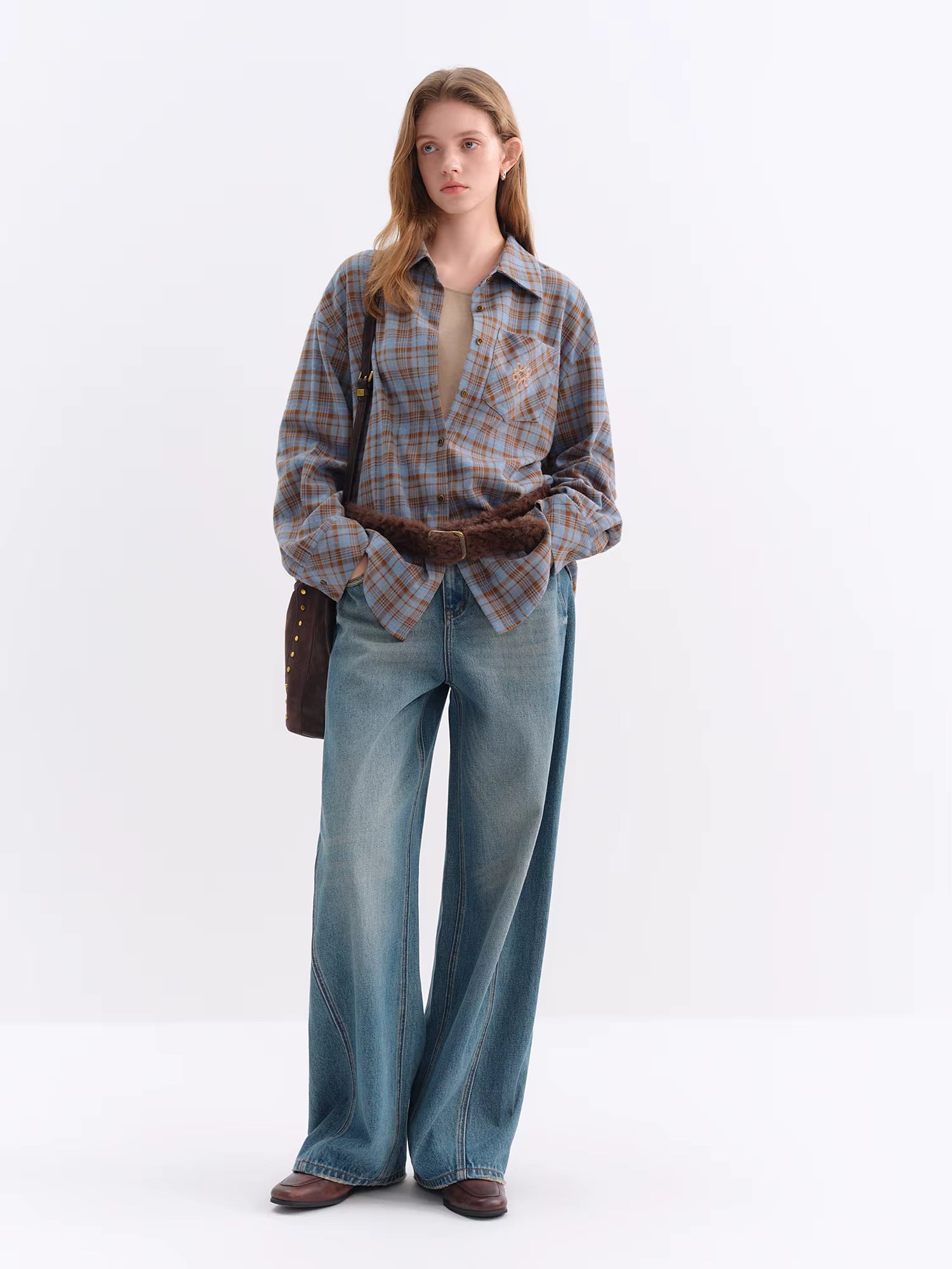 Brushed Plaid Shirt Women's Winter 2025 New Long Sleeve Plaid Retro Embroidery Shirt Classic Leisure Loose Tops