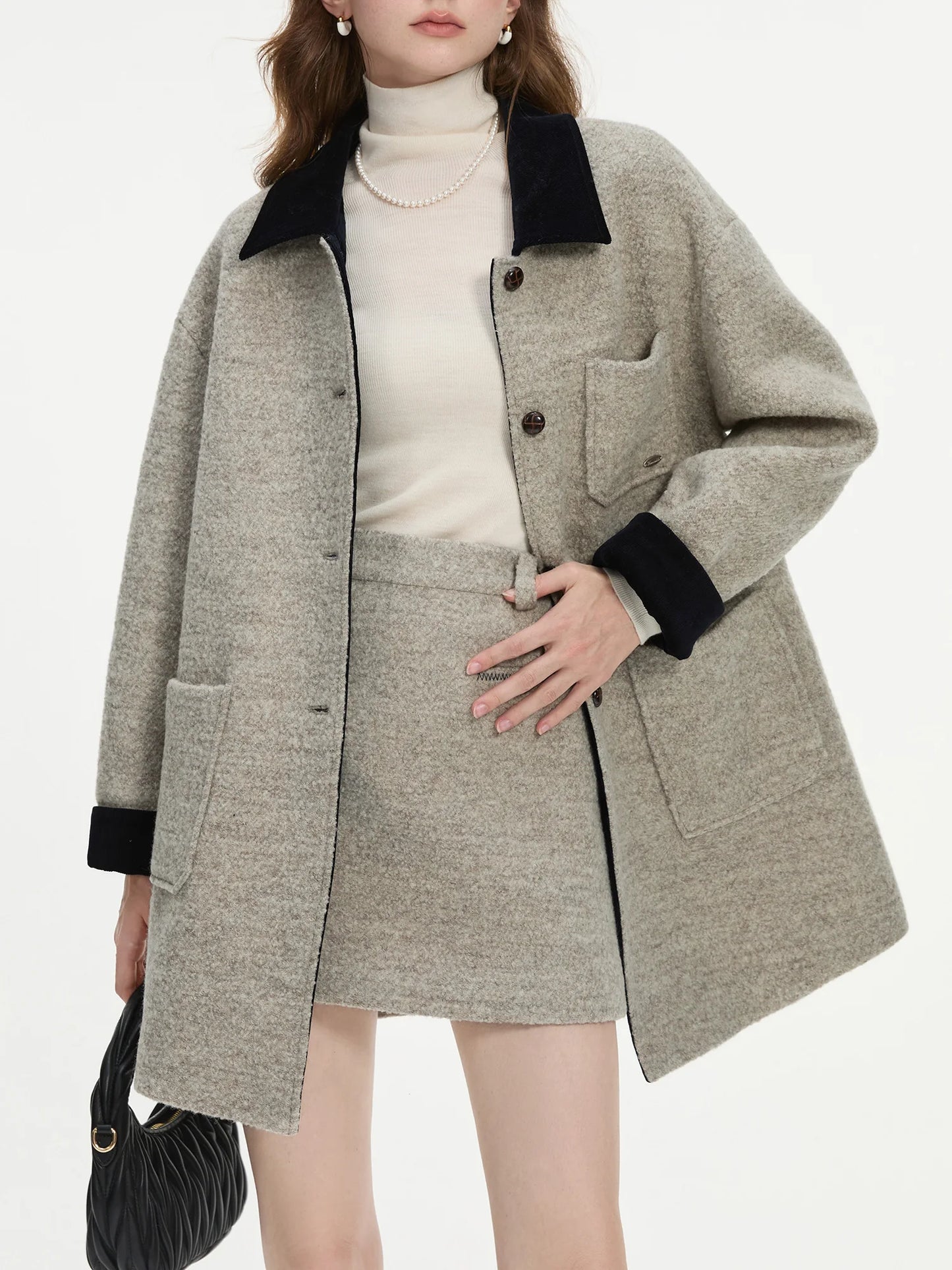 FSLE Office Lady Korean Style All Wool Loose Short Jacket Women's Winter Clothing A-line Skirt Two-piece Set 24FS14428+24FS14513