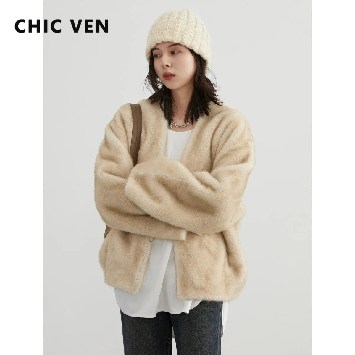 CHIC VEN Women Jacket Loose Casual Solid Overcoat New Female Plush Coat V-neck Woman Warm Outerwear Autumn Winter 2024