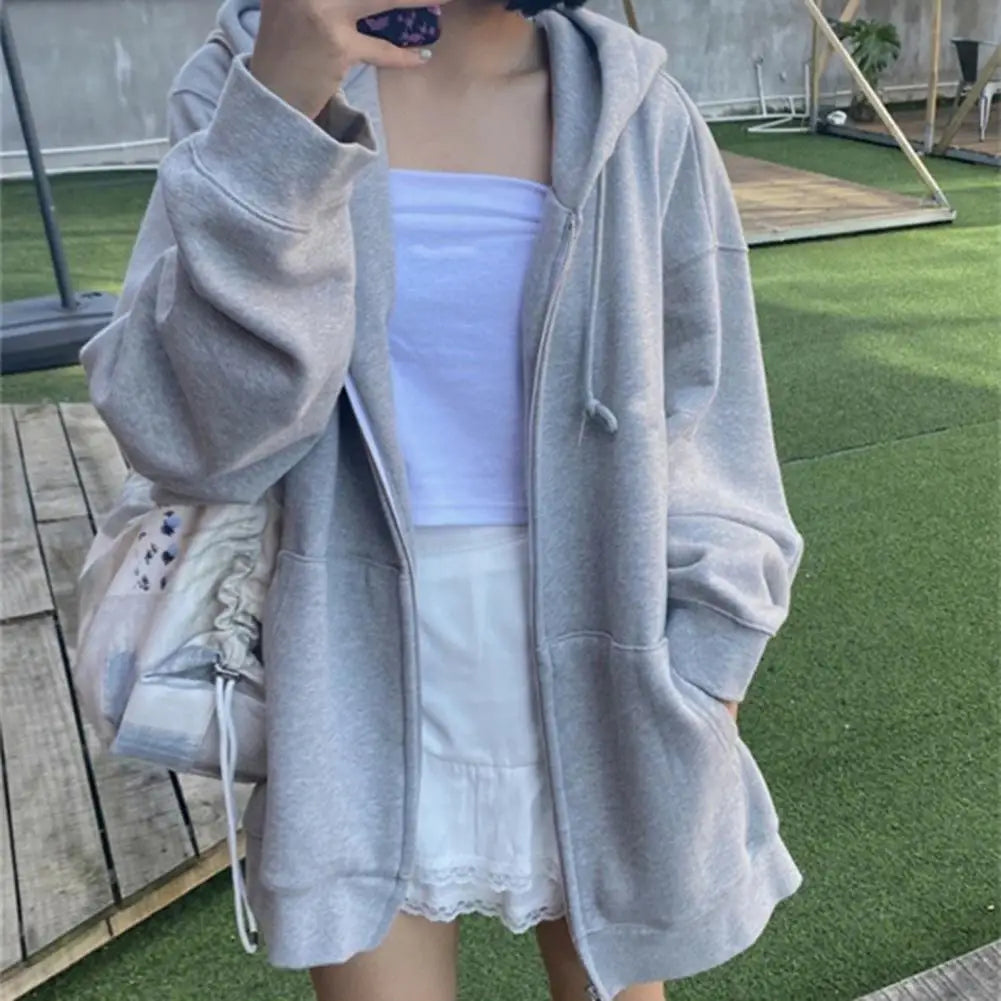 Women Zip Up Sweatshirt Casual Oversized Hooded Korean Style Hoodies Harajuku Solid Loose Long Sleeve Lady Jacket Large Coats