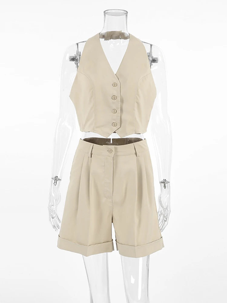 Mueyaruho 2024 Spring Summer Women Office Shorts Suit Set Solid Khaki Sleeveless Halter Outfit 2 Piece Matching Sets For Women