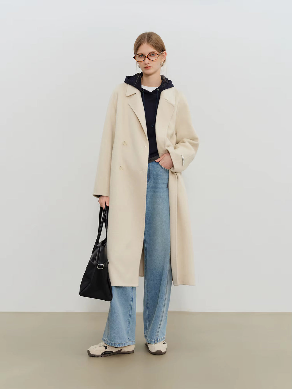 Crafty Studio Petite Women's White Camel Wool Coat with Double Faced Design 2025 Winter New Collection Wool