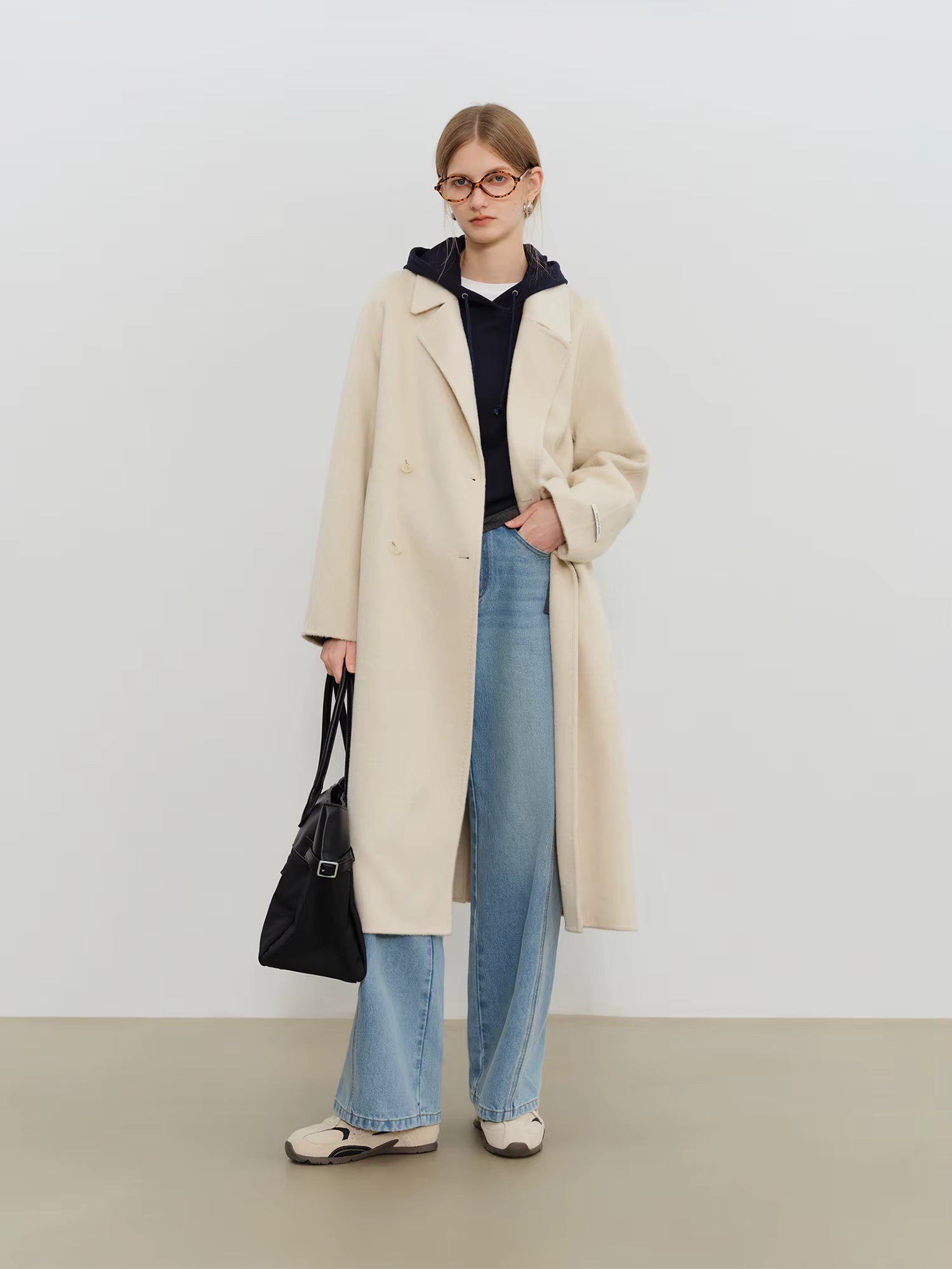 Crafty Studio Petite Women's White Camel Wool Coat with Double Faced Design 2025 Winter New Collection Wool