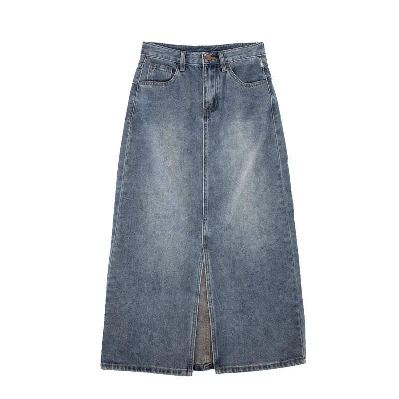 Women's Denim Wrap Skirts Retro High Waisted Split A-Line Denim Skirt Autumn Fashion Straight Skirt Female