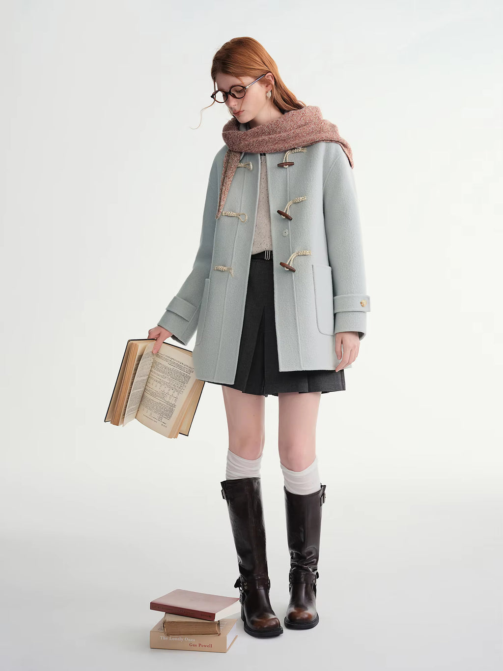 Winter 2025 Women's Horn Button Wool Blend Coat - Korean Style Double Faced Midi Length Stand Collar Casual Elegance