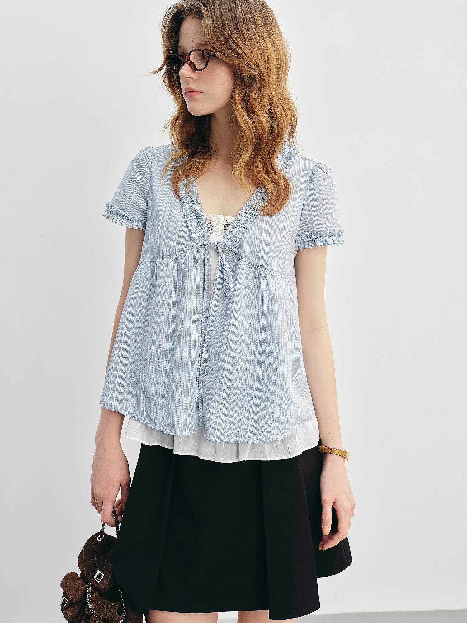 DUSHU Ruffled Fake Two-piece Shirt 2025 Summer New Striped Blue Top Shirt