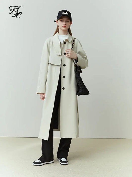 FSLE Simple White Temperament Extended Spring Women Trench Coats Single Breasted Commuter Jackets Belt Design Women Trench