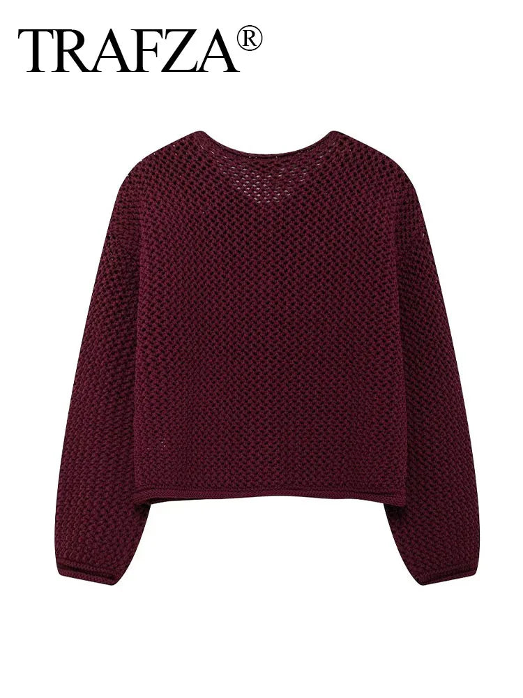 TRAFZA 2024 Female Casual Cardigan Sweater Coat 2 Pockets Wine Red Solid Metal Button Knitted Sweater Woman Autumn Trends Street