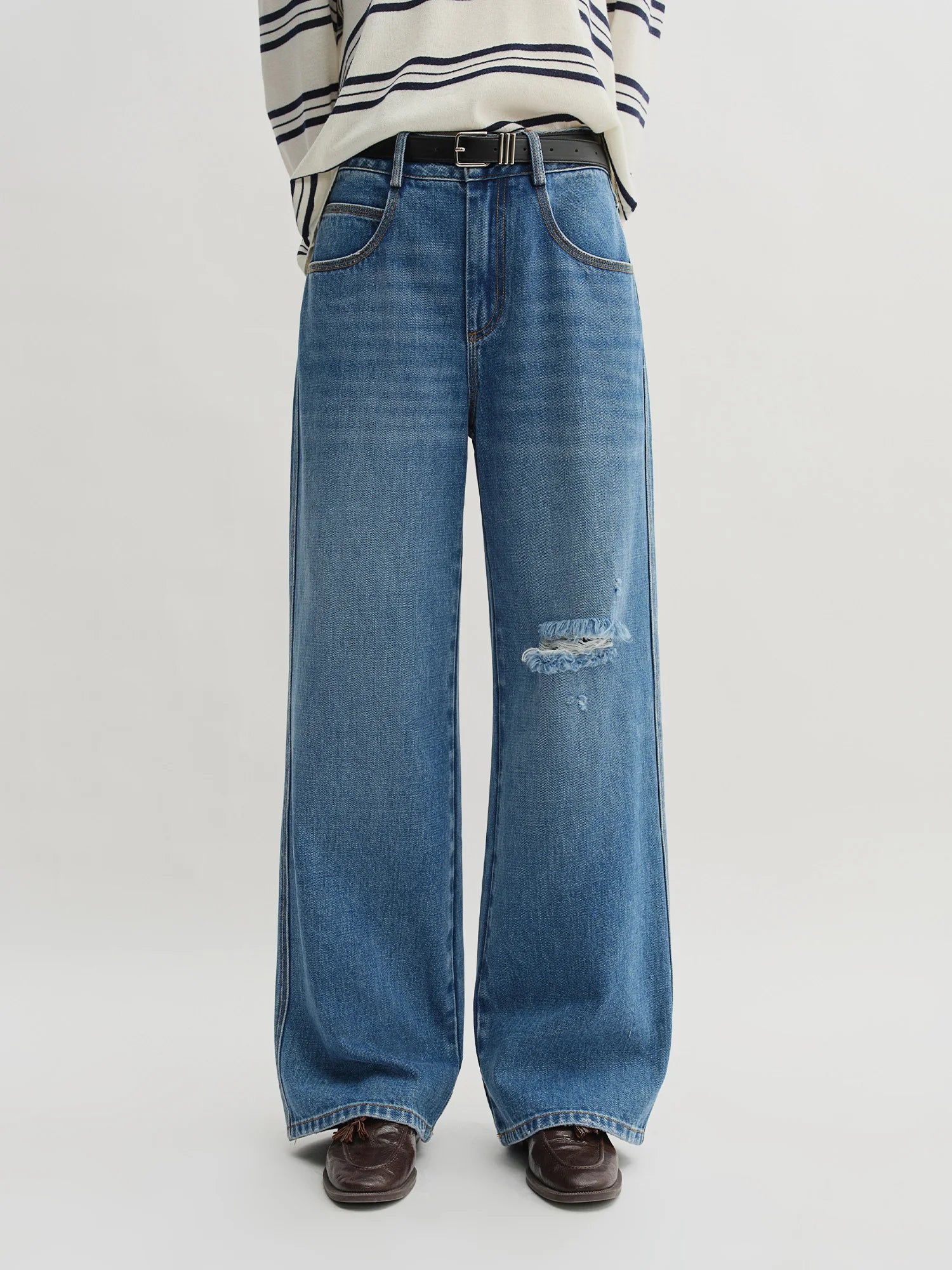 DUSHU 2025 Summer Women's Ripped Jeans - Straight Leg Non-Stretch Casual Pants High Waist Versatile Long Trousers