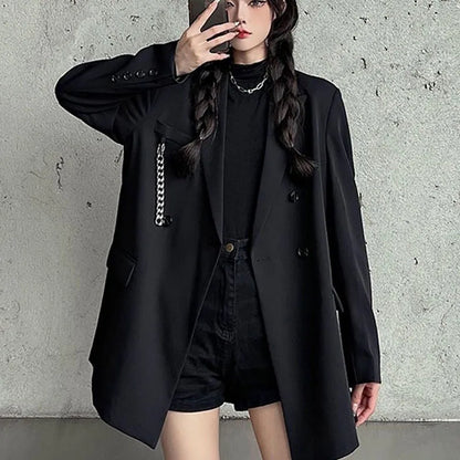 Vintage Streetwear Women's Blazers Coat Harajuku Punk Gothic Chain Black Jackets Female Korean Fashion Loose Suit Outerwear 2023