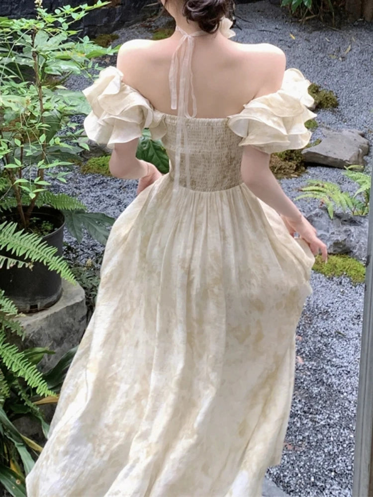 Short-Sleeve Off Shoulder Ruffle Button Maxi A-Line Corset Dress
