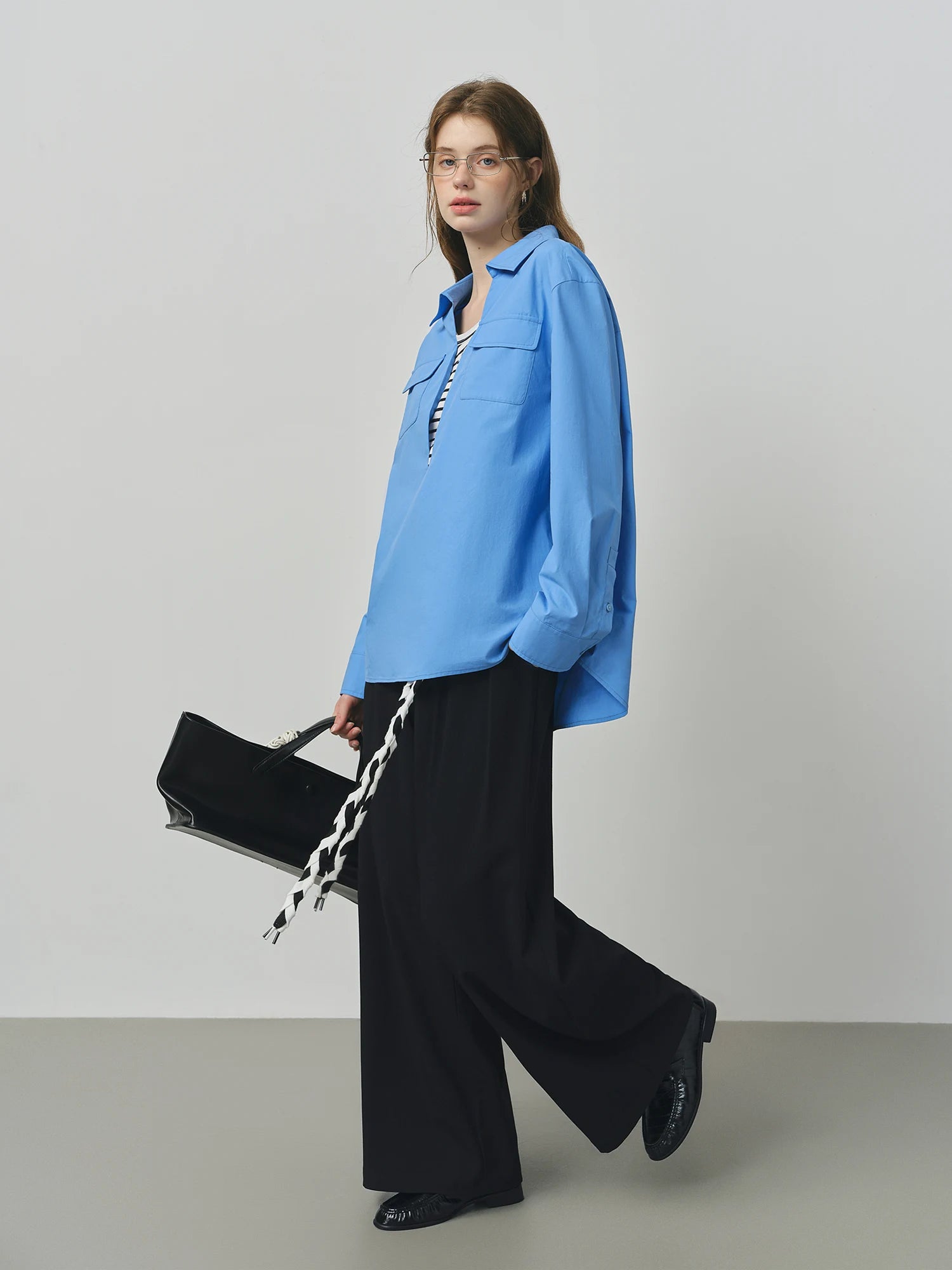 FSLE 2025 Women's Color Block False Two-Piece Shirt - Pullover Office Casual Blouse Autumn Loose Fit Top with Layered Design