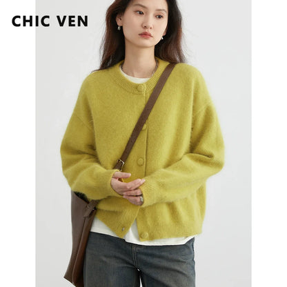 CHIC VEN Women Cardigan Green Loose Korean Soft Knitted Sweaters Rabbit Hair Woman Jumpers Casual Female Top Autumn Winter 2024