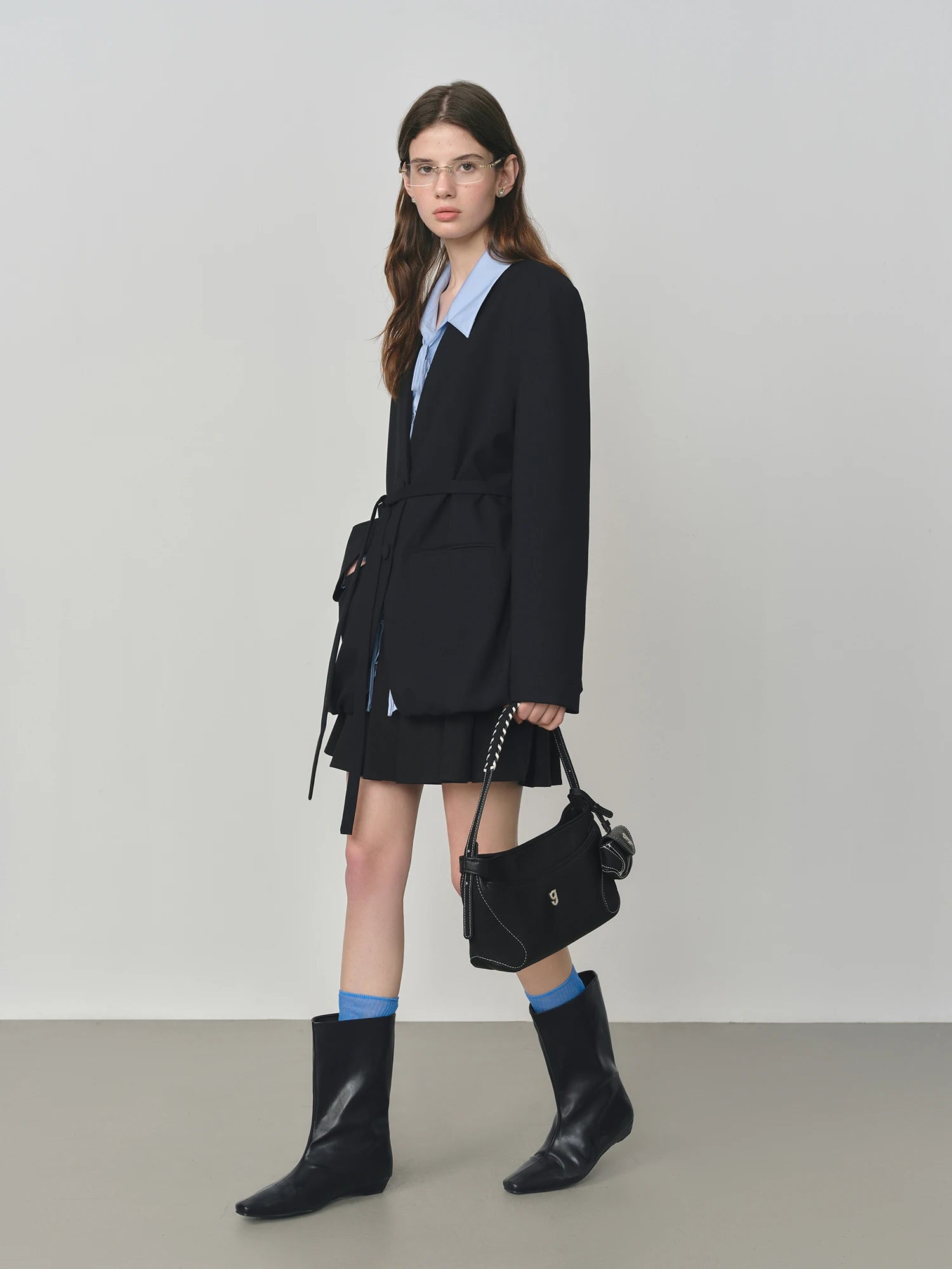 FSLE Elegant Collarless V-Neck Oversized Blazer with Sash for 2025 Autumn New Arrival Blazer Suits Coat