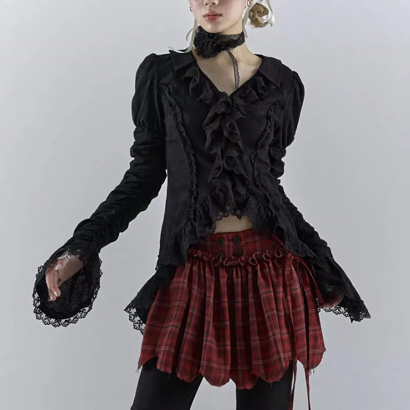 Black Lace Shirt Dark Aesthetic Irregular Blouses Yamamoto Style Grunge Flare Sleeve V-neck Shirt Vintage Y2k Emo