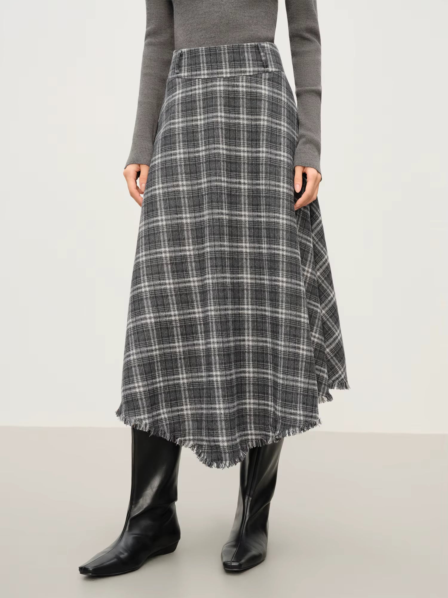Elegant Women's Winter 2025 Retro Plaid Asymmetrical Hem A-line Skirt - Wide Waistband Slimming Design Elegance Skirts