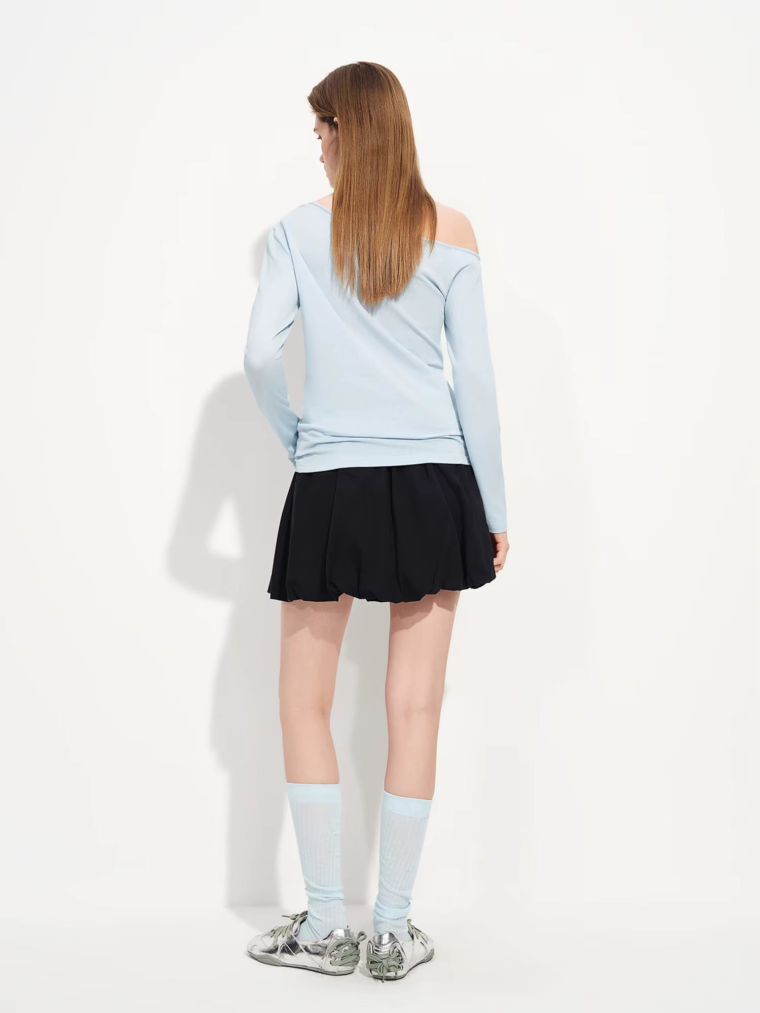 Sweet Off-Shoulder Cut-Out Design Linen Blend Long-Sleeve T-Shirt Spring 2026 New Arrival Skew collar Cotton Tops