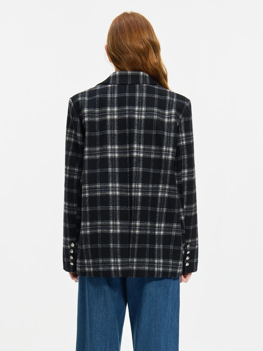 FSLE 50.4% Wool Women Blazer Coats Office Lady Black Grey Plaid Straight Autumn Wool Coat Notched Neck Female Blazers 24FS14389