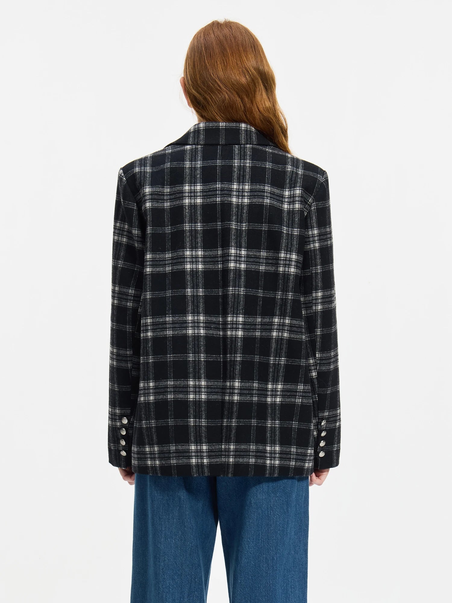 FSLE 50.4% Wool Women Blazer Coats Office Lady Black Grey Plaid Straight Autumn Wool Coat Notched Neck Female Blazers 24FS14389