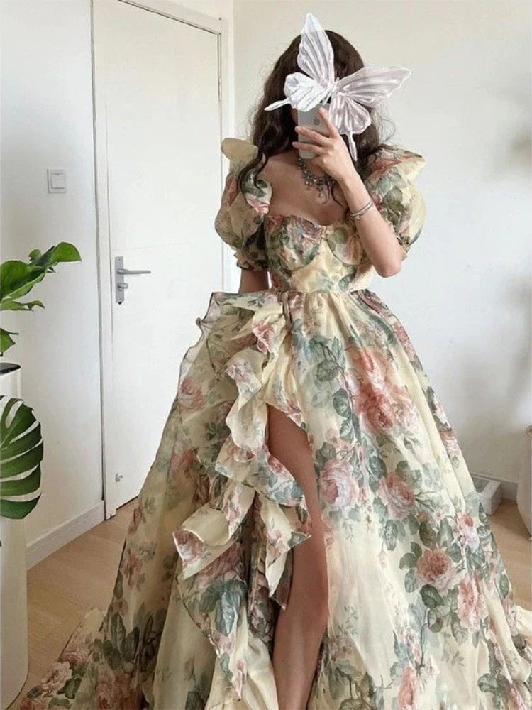 Floral Print Puff Sleeve Elegant Princess Evening Party Dress