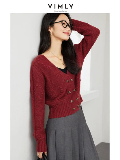 VIMLY Women's Simple Casual Knitted Sweater Autumn New Red O-Neck Long Sleeve Office Lady Small Fragrant Cardigan Tops Jacket