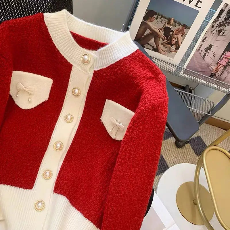 Popular and Beautiful Bow Tie Sweater Women's Autumn Outfit Design Sense Niche Knitted Cardigan Gentle and Stylish Red Jacket