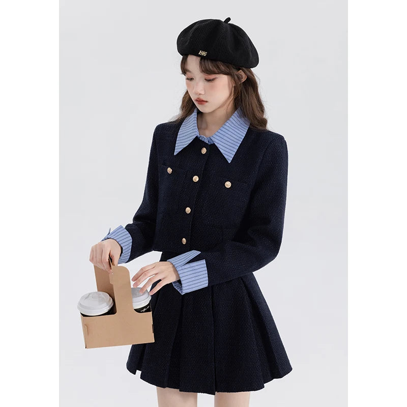 High Sense Elegnat Women's Suit Jacket 2024 Spring and Autumn Color Matching Socialite Coat Top Short A-line Skirt Two-piece Set