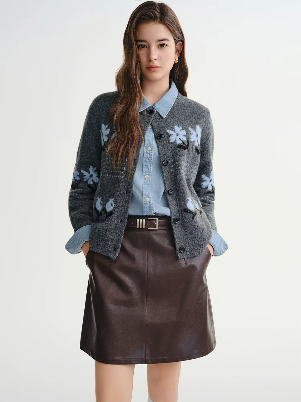 Winter 2025 Women's Floral Jacquard Knit Cardigan - Soft Lazy Style Open Front Sweater for Casual Comfort