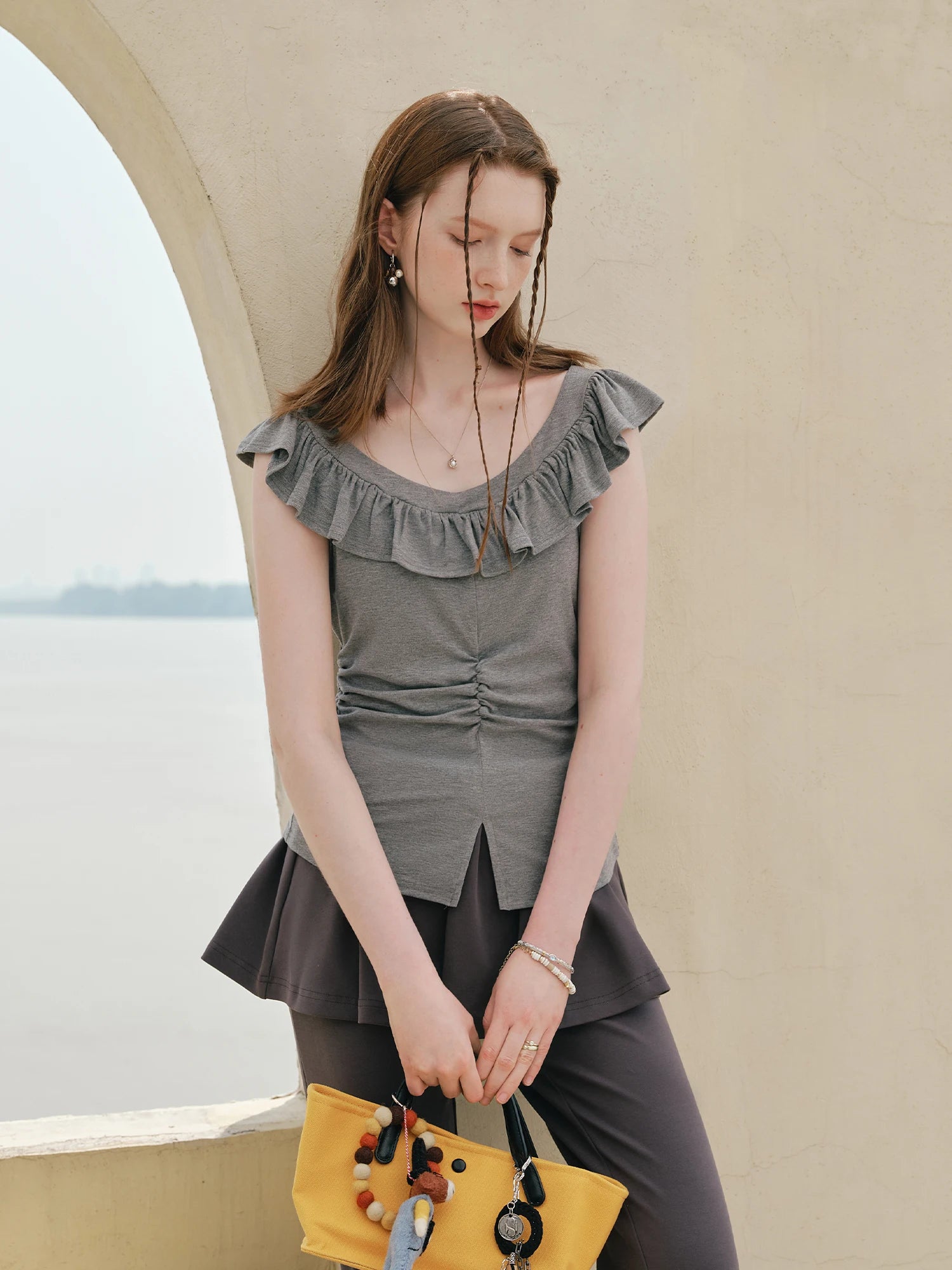 FSLE French Style Ruffled Small Flying Sleeve T-shirt for Women 2025 Summer New Waist Pleated Short Sleeves