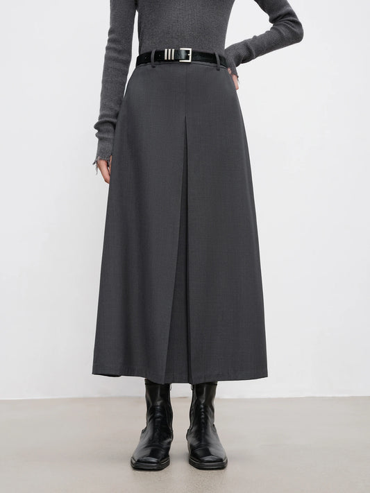 ZIQIAO Dark Gray Long Skirt For Women 2024 Autumn New Design High Waist Pleated Versatile Casual A-line Skirt 24ZQ93151