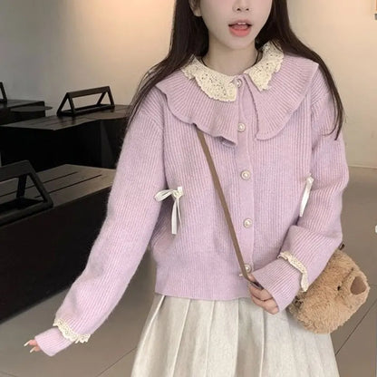 Sweet Doll Collar Lace Spliced Sweaters Autumn Winter New Fashion Bow Women's Clothing Long Sleeve Casual Loose Knitted Cardigan