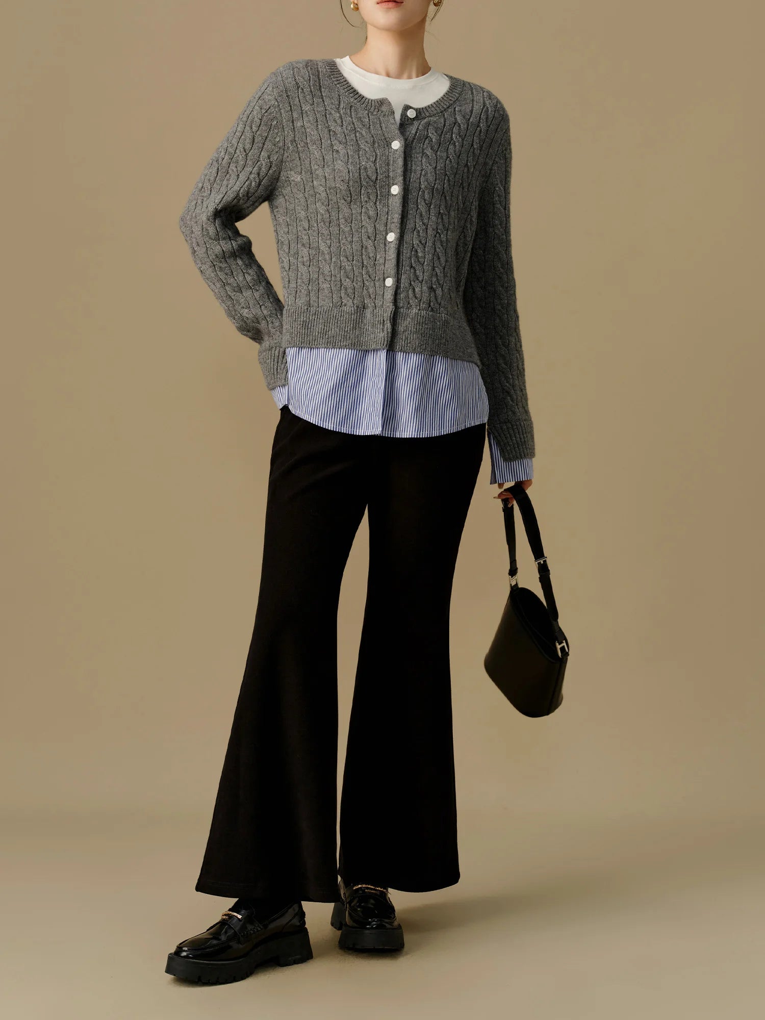 DUSHU 31.2% Wool Women Grey Cardigans Parchwork Stripe Design Female Winter Coat Tops Women Round Neck Wool Coats 24DS84448