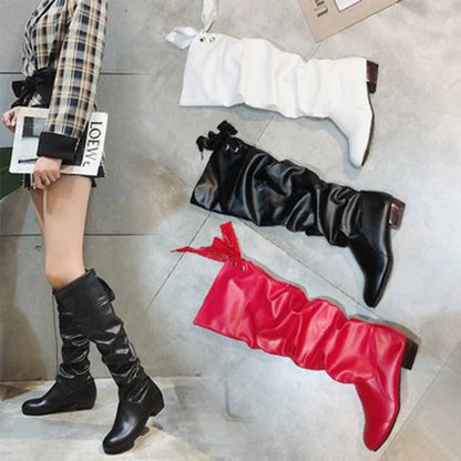 2023Shoes For Women  Knee High Boots Red Black White Tall Boots Woman Pleated Low Heel Casual Leather Female Long Shoes