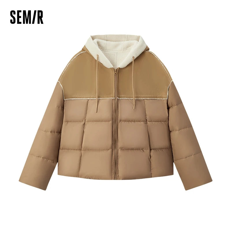Semir Cotton Jacket Women Patchwork Loose Cotton Jacket Retro 2024 Winter New Furry Hooded Puffer Coat Trendy Cotton Jacket