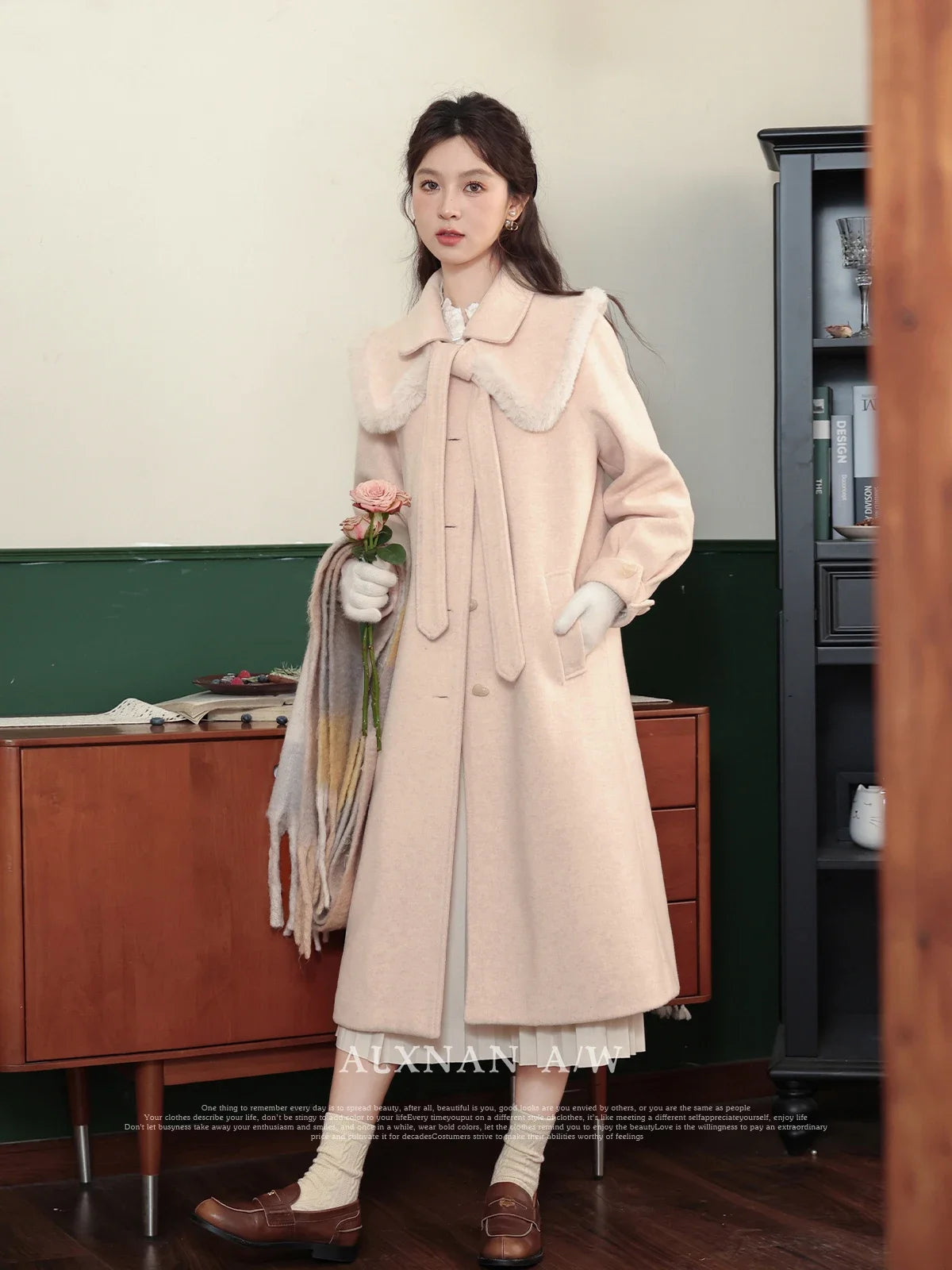 ALXNAN Autumn Winter Quilted Woolen Coat 2024 Straight Sweet Polo Collar Lace-up Straight Long Sleeve Outerwear Woman LXN32987