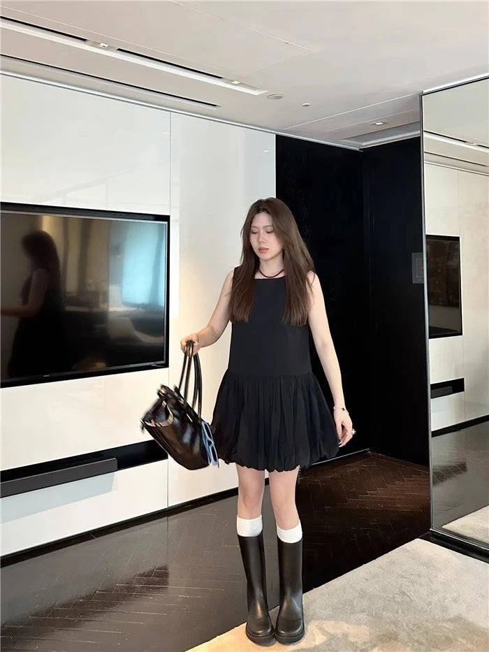 Kpop Korean Minimalist Style Solid Color A-line Fluffy Sleeveless Black Dress Summer Round Neck Loose Ruffle Short Dresses for Women
