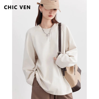 CHIC VEN Women T-shirt Solid New Simple Loose Round Neck Cotton Raglan Long Sleeve Pullover Female Top Spring Autumn 2024